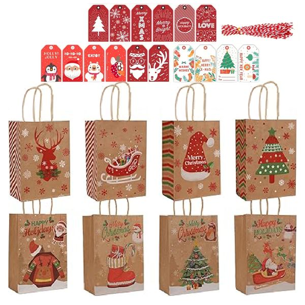 3-Pack Festive Christmas Gift Bags with Handles, Kraft Paper Tote Bags