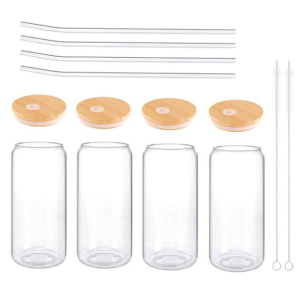 Clear Glass Drinking Jars 480ml with Bamboo Lids &amp; Reusable Glass Straws-4