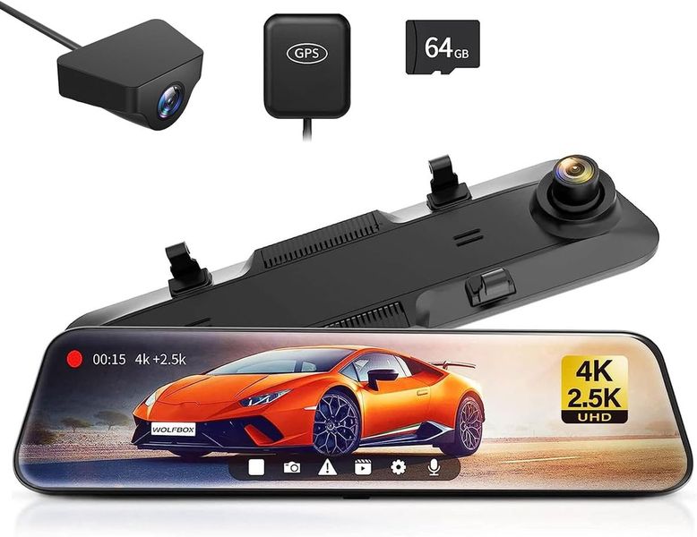 Wolfbox G900 12" Mirror Dash Cam - 4K Front &amp; 2.5K Rear Recording, GPS