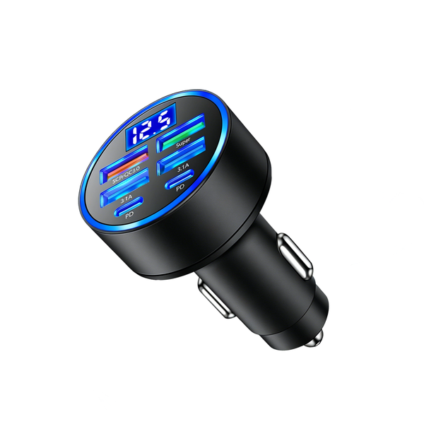 Car Charger, 6 in 1 Super Fast Car USB, LED Digital Display, Safe Durable