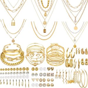 69 Pieces Women's Gold Jewelry Set quality alloys Earrings Rings Necklaces