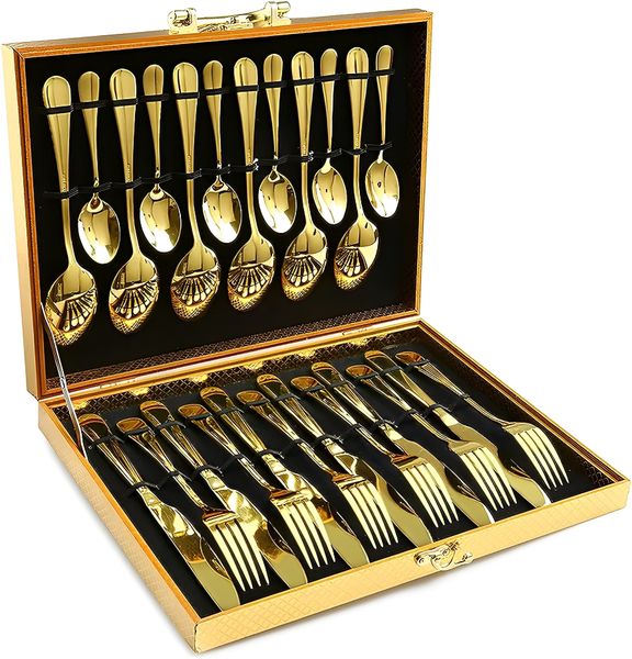 24-Piece Stainless Steel Gold Flatware Set-Gold Cutlery Gift Set with Box