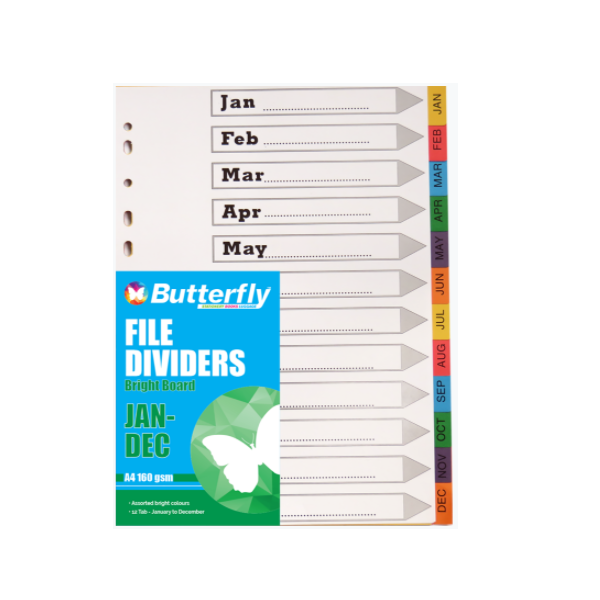Butterfly A4 File Dividers Bright Board - Jan-Dec (Pack Of 10)