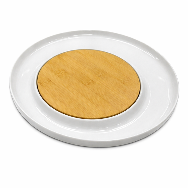 Ceramic Plate with Bamboo Insert - White &amp; Wood