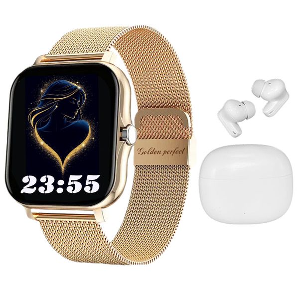 Golden Perfect Smartwatch+Microphone Earbuds - Health Monitor &amp; Music Combo