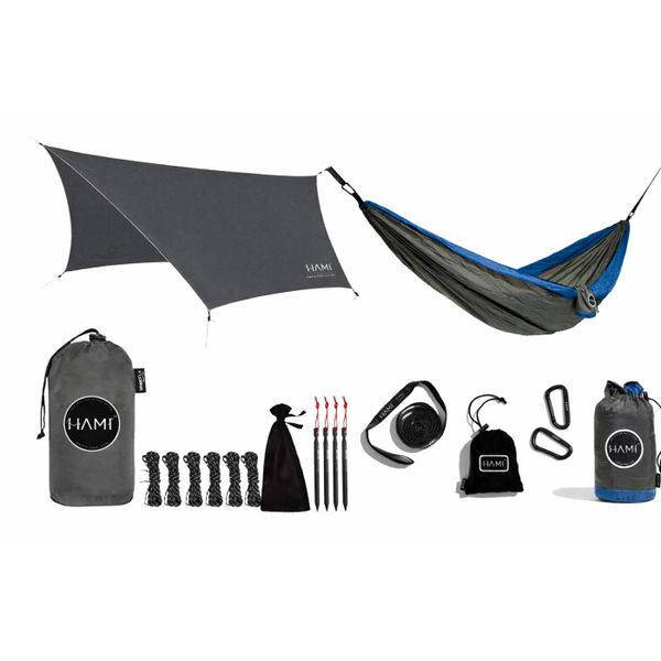 HAMI EcoTarp Grey 3.6m x 2.9m + Double Hammock Dark Sea 3m x 1.8m