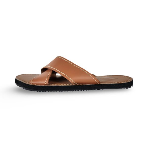 Men's Tan Brown Sandals - Cross Strap Flat Slip-On Casual Summer Shoes