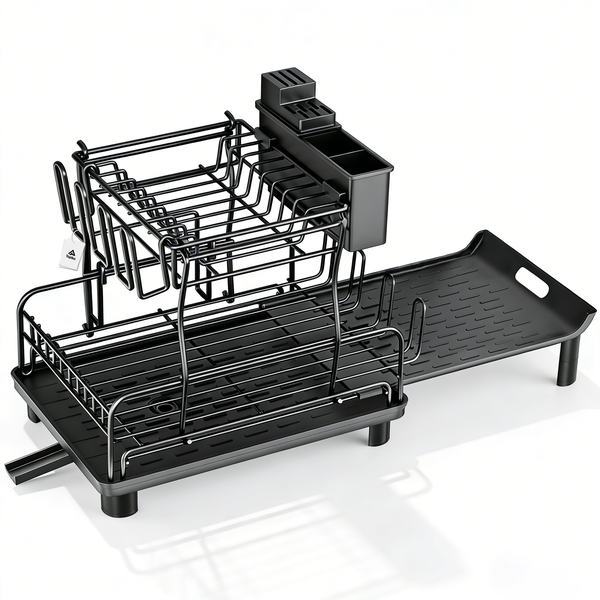 Topika 2 Tier Black Kitchen Dish Drying Rack Expandable Automatic Drainage