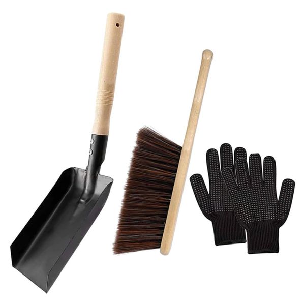 Tool DIY Fireplace Coal Ash Cleaning Shovel, Brush and Gloves - Set of 3