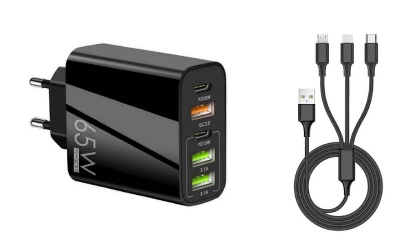 Fast Charger 65W With 3 IN 1 Charging Cable For Smart Phones