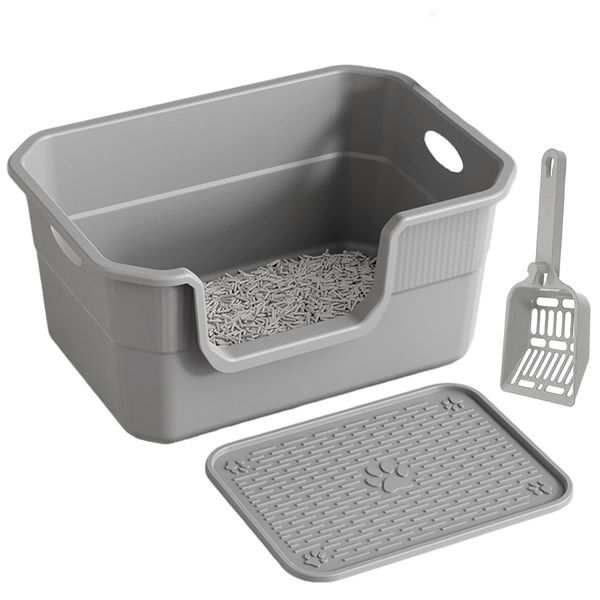 50x35x22CM Cat Litter Box Low Entry Plastic Kitty Box With Mat &amp; Scoop-Grey