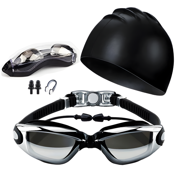 Swimming Goggles Anti-Fog Swim Cap Ear Plug Nose Clip Train Equipment Set