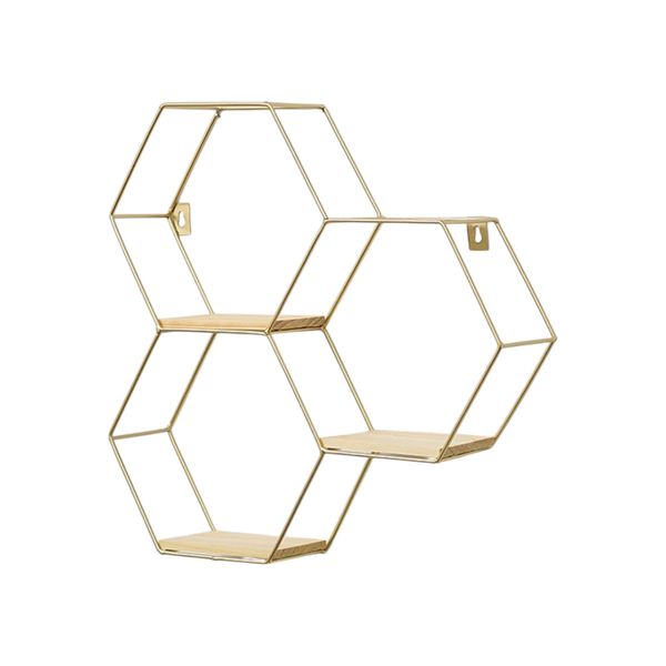 Modern Hexagonal Wall Shelf Set With Wood Storage Rack - Back - Gold