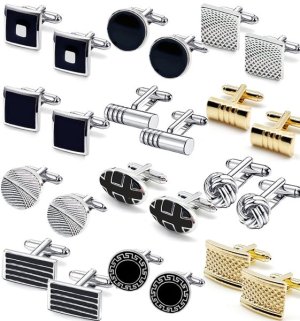 Men's Cufflinks Set - Classic Silver and Black Stripe Design - 12-Pack