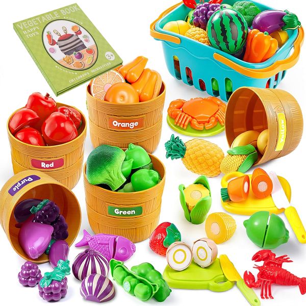 Cutting Food Sorting Colors Pretend Kitchen Toy Set w/ Book for Toddlers