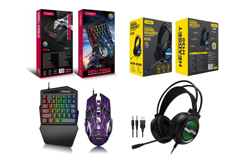 T-Wolf TF900 Gaming Keyboard Mouse Combo with H130 RGB Headset Adj. Mic