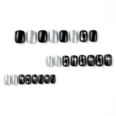 Star Press on Nails Short Square Fake Nails Black Silver False Nails