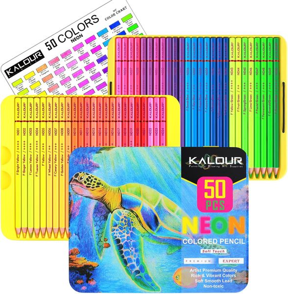 KALOUR 50 NEON Color Pencil Tin Box Set - Vibrant Neon Colored Pencils