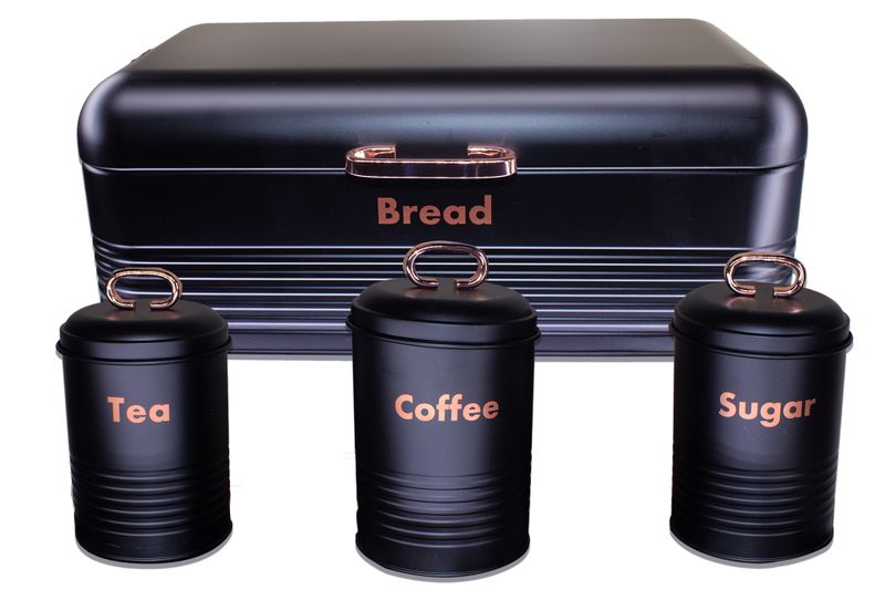 Retro Design Two Loaf Bread Bin with 3 Piece Matching Canister Set - Black