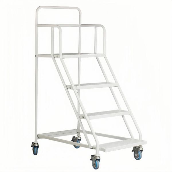 Steel 4 Step Mobile Rolling Safety Ladder with Wheels - Light Grey