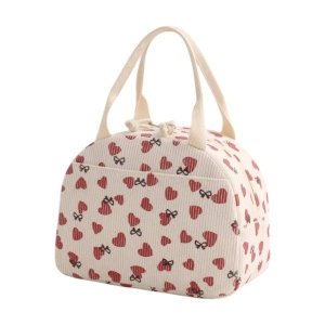 Corduroy Lunch Bag With Hearts &amp; Bows - Beige