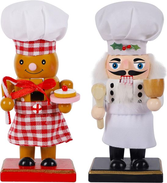 2 Pack Wooden Nutcracker Santa Chef and Gingerbread Man Chef