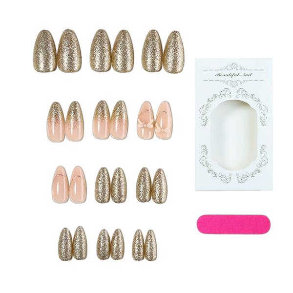 24 Pieces Press on Nails Medium Nude Pink Fake Nails with Glitter Design