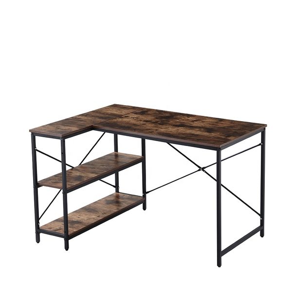 L Shaped Desk, 120x90cm Corner Desk with Reversible Storage Shelves - Brown