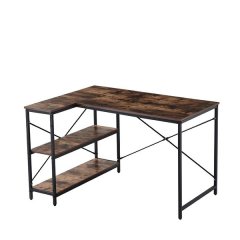 L-Shaped Corner Computer Desk with Storage Shelves, Wood Workstation -Brown