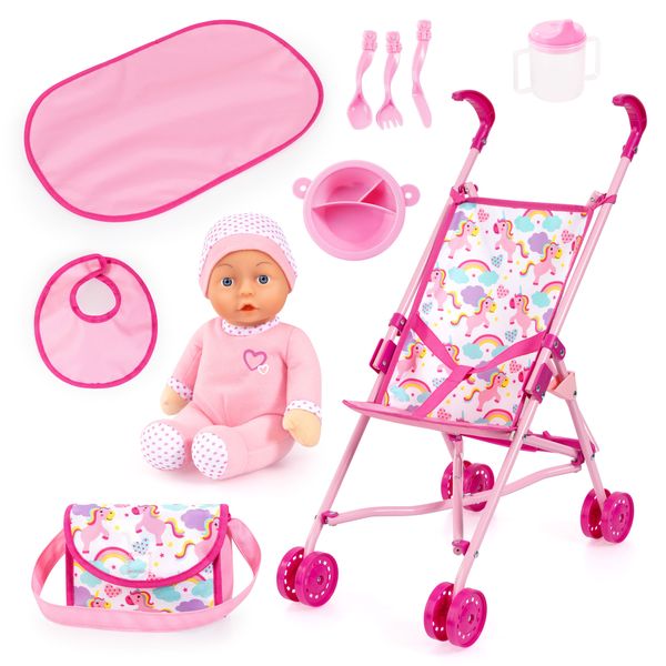 10 in1 Buggy Dolls Pram Set - Pink-Unicorns with 30cm Doll