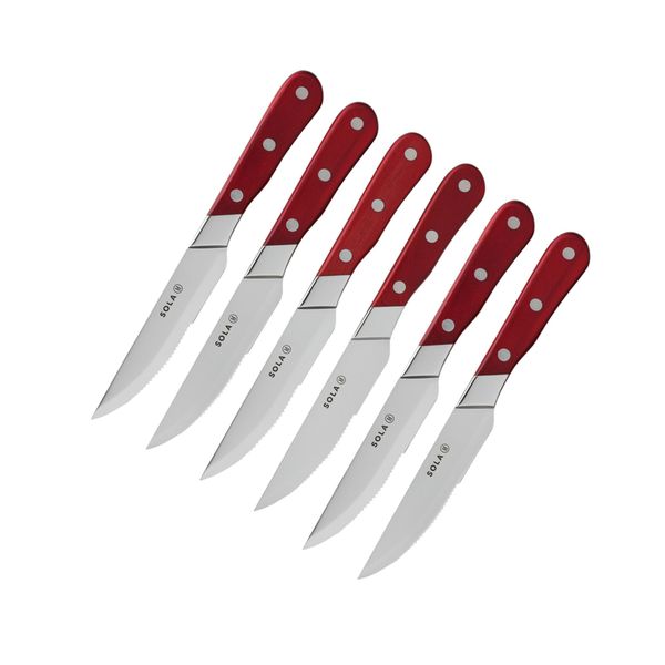 Sola Hospitality Steak Knife Wooden Handle Serrated Blade - 6 Piece Set