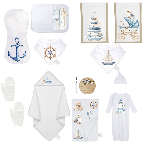 Baby Shower Full Gift Set-Burp cloths, Hooded Towel,-Sailor Ocean