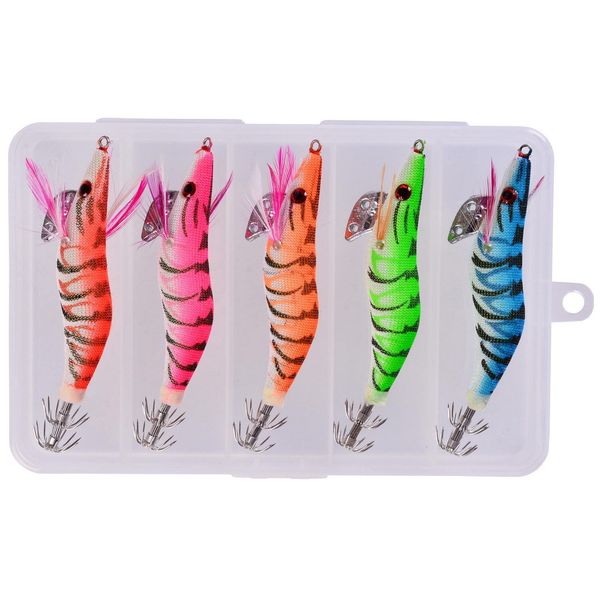 5 Pieces 10cm/12g Wooden Luminous Squid Jigs Set - Shrimp Lures With Box