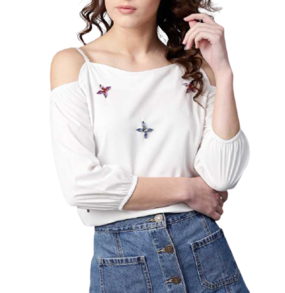 Cold Shoulder Embellished Top White
