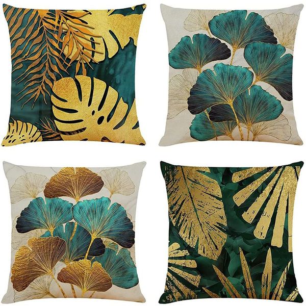 Square Throw Pillow Covers Green and Gold Leaves 45cmx45cm - 4 Pack