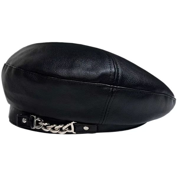 Women Hat Solid Color Vintage Chain Faux Leather