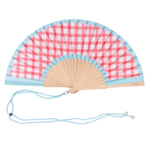Red &amp; Blue Vichy Handheld Fan - Wood &amp; Textile