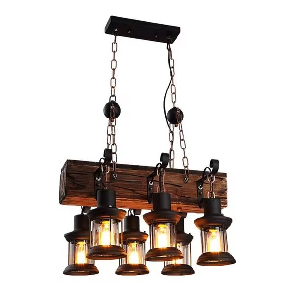 6-Lights Rustic Wooden Beam Chandelier with Vintage Lantern Lights - MRUL