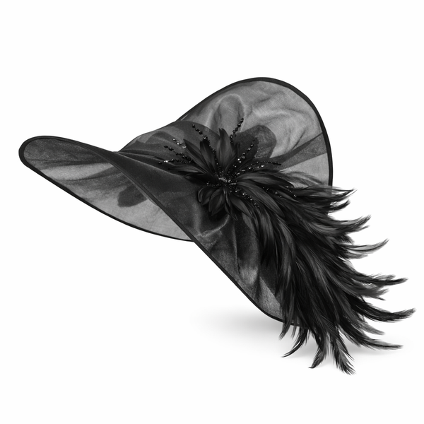 Women's Wide-Brim Fascinator with Feather and Bead Detail - Black