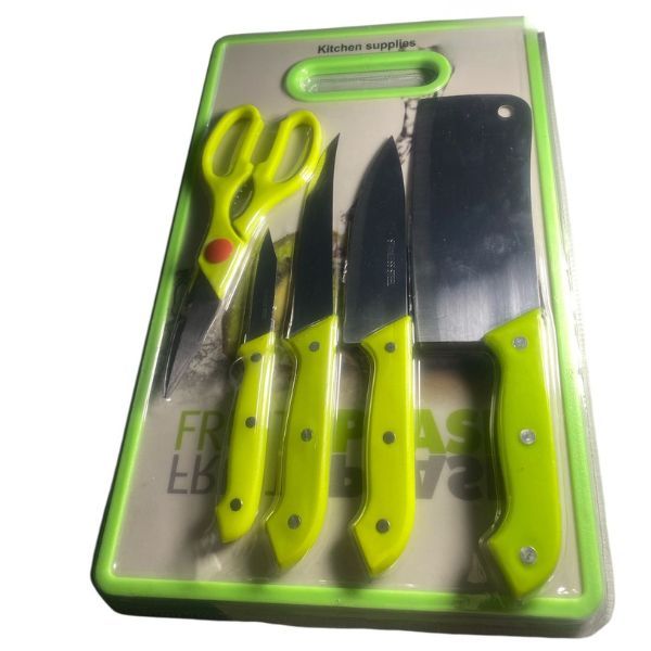 6 Piece Kitchen Knife, Scissor &amp; Board Set - Green and White