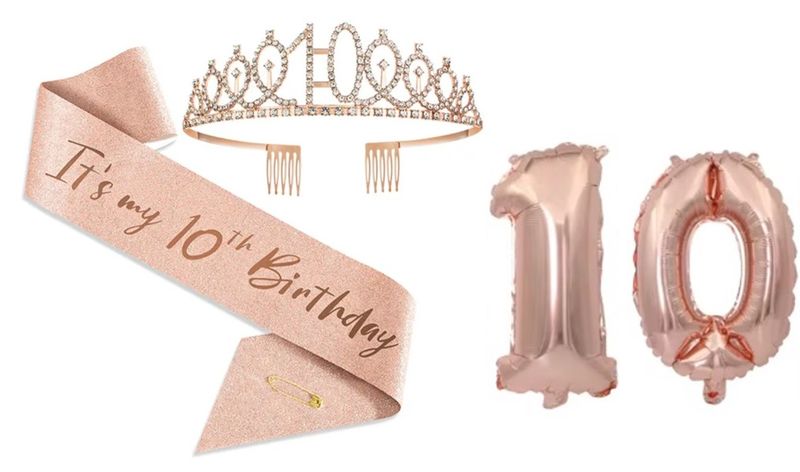 10th Birthday Tiara, Sash and Number Balloons for Girls - Rose Gold
