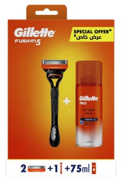 Gillette Fusion Handle + 2 Blades + Icy Cool Shaving Gel 75ml