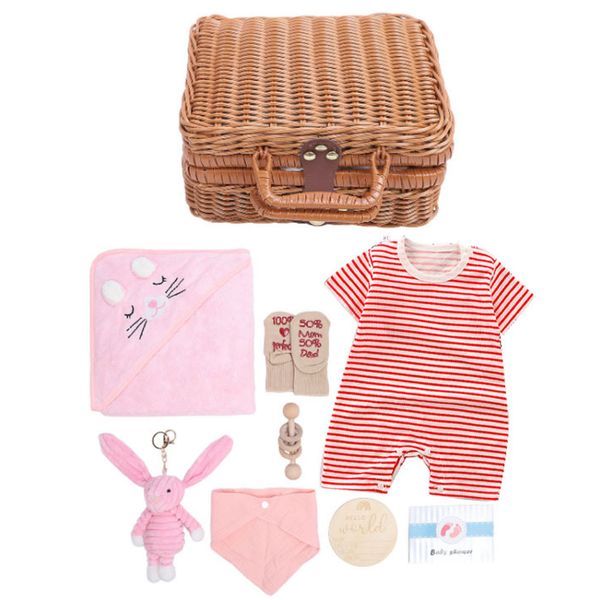 9-in-1 Baby Shower Gift Set - Luxury Rattan Box with Blanket, Bibs, Rattle