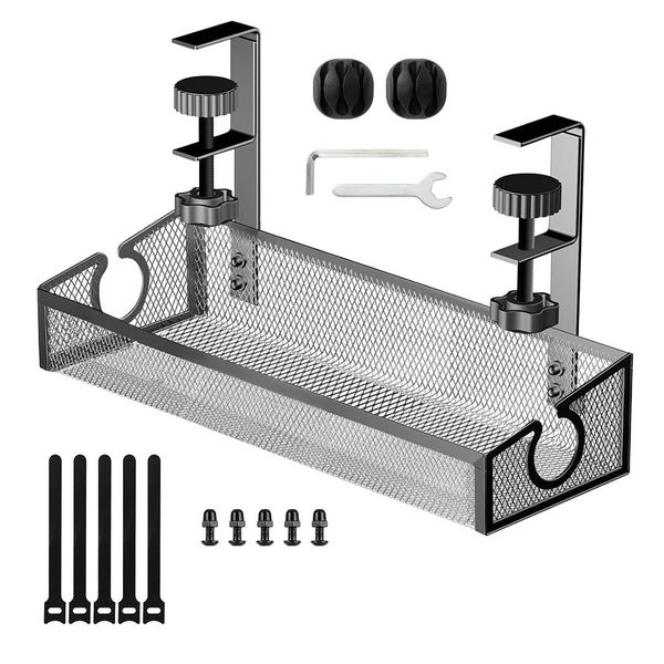 Under Desk Clamp-On Cable Management Tray-Metal Mesh with Cord Clips &amp; Ties