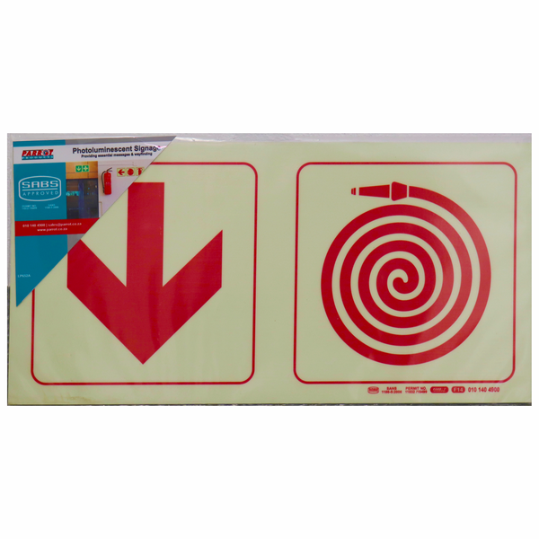Parrot Photoluminescent Safety Sign - F14 Arrow Down + Fire Hose Reel 19cm