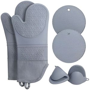 Heat Resistant Silicone Oven Gloves &amp; Pot Holder - Grey - 6 Piece