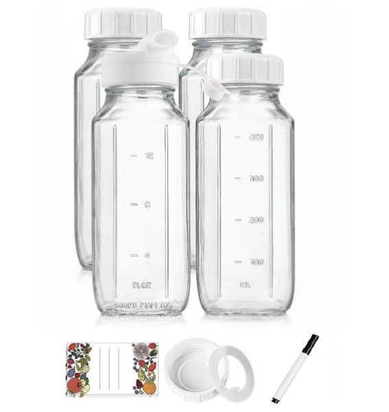 4Pack Glass Milk Bottles with 4 Airtight Screw Lids &amp; 1 Silicone Pour Spout