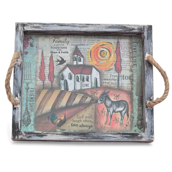 Handmade Wooden Tray with Whimsical Countryside Art