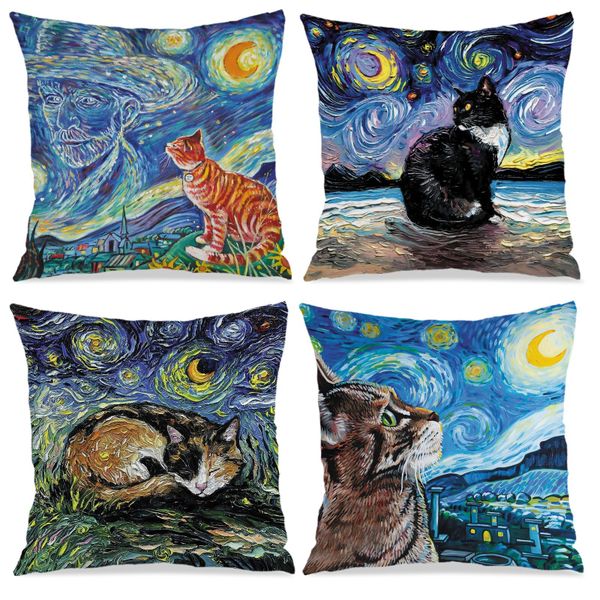 4PCS Oil Painting Cat Printed Throw Pillowcase, 45x45cm Sofa Pillow Cover