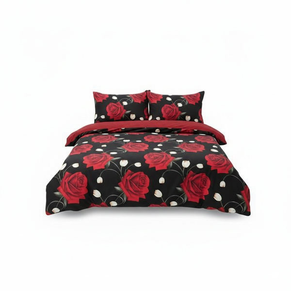 Red Rose Black Bedding Queen Linen Set - Luxury Cover, Sheet + Pillowcases